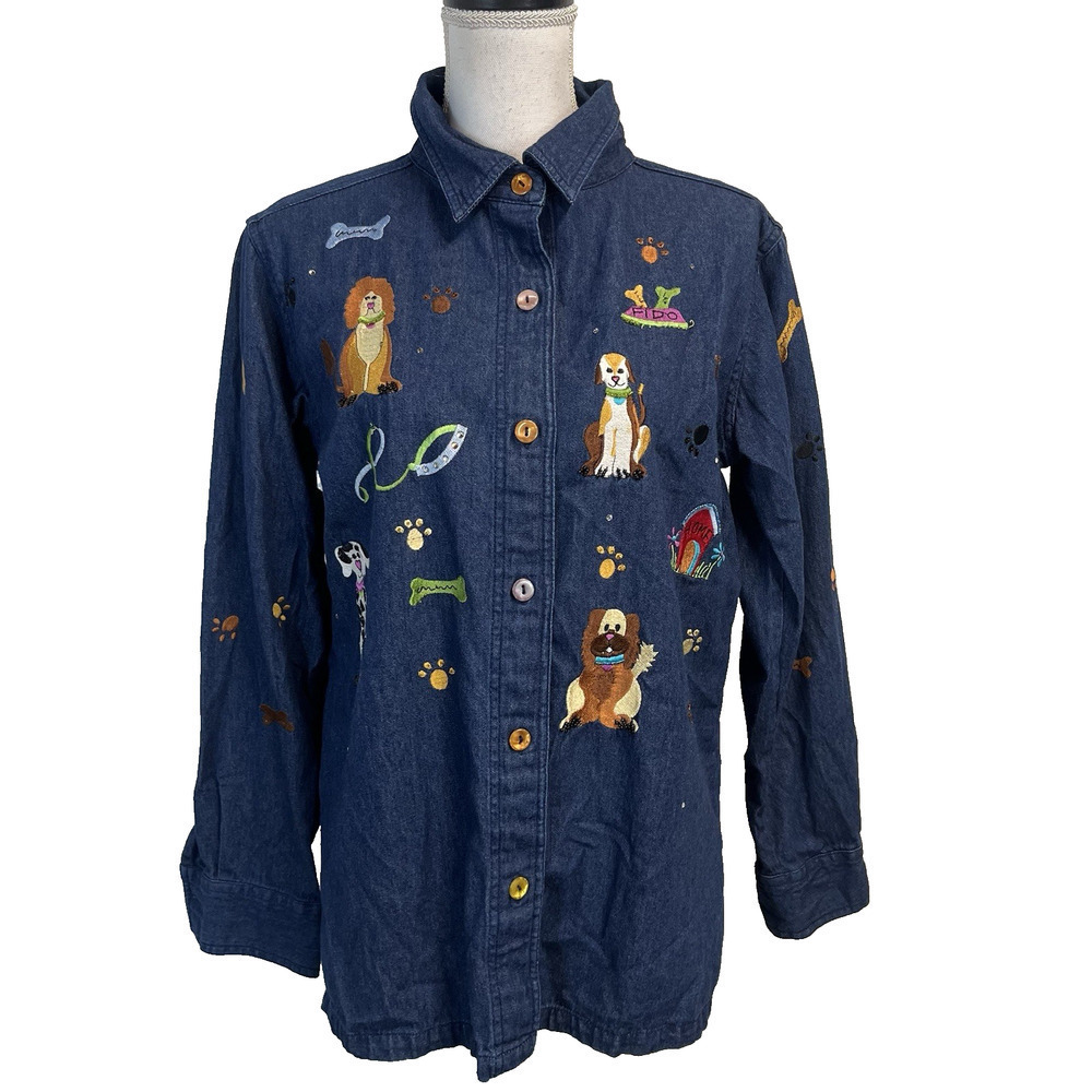 The Quacker Factory Denim Jean Shirt size Small Dogs Dalmatian Embroidery Beads - Picture 1 of 11